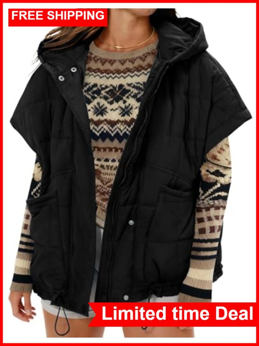 Oversized Quilted Puffer Vest Hooded Zip Front Sleeveless Outerwear